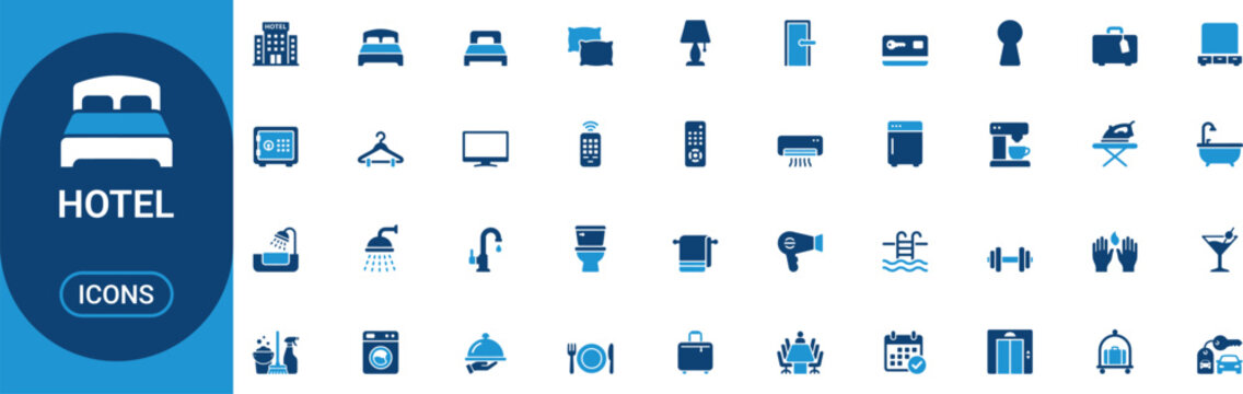 Collection of blue and white hotel service on white background building safe hanger