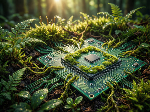 Une puce &eacute;lectronique en circuit int&eacute;gr&eacute; recouverte de mousse verte et de plantes tropicales luxuriantes, concept innovant de fusion entre technologie num&eacute;rique et nature &eacute;cologique durable.