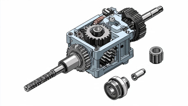 Detailed illustration of a mechanical gear system with metallic components and axles for engineering and industrial applications
