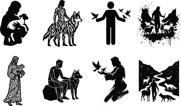 Man with animals and birds silhouette icon set depicting nature connection and biblical shepherd concepts