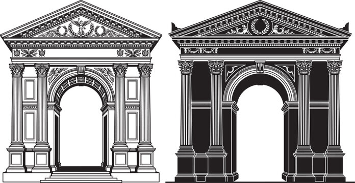 Set of two ornate classical architectural arches silhouette with architecture classical silhouette pediment ornamental building