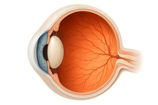  A cross-section of the human eye including retina, cornea, iris, pupil, optic nerve, lens, vitreous body, and surrounding tissues, scientifically accurate structure, 