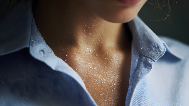 Blue shirt drenched in sweat on wet collarbone and neck with glistening droplets, intimate closeup capturing heat and exertion