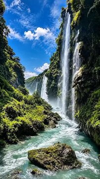 The breathtaking landscape captured in showcases a powerful waterfall cascading down lush, verdant cliffs into a pristine, turquoise river flowing through a serene c waterfall in the forest
