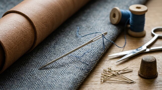 Silver needle threaded with blue thread on herringbone fabric. Tailoring tools with scissors thimble and leather roll on a wooden table