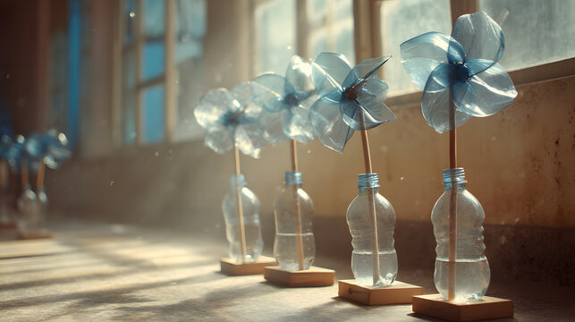 Clear plastic bottle windmill craft on wooden stand by sunlit window with soft bokeh and dust motes