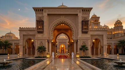Obraz premium Ornate Arabian Palace Entrance Facade at Sunset with Reflecting Pool and Guards