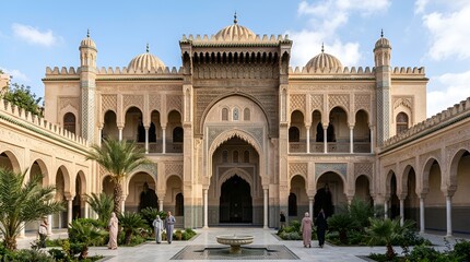 Obraz premium Ornate Moroccan Courtyard Architecture with People and Fountain