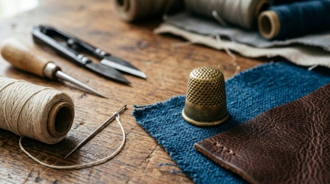 Brass metal thimble on blue fabric with sewing needle and thread. Traditional tailoring tools and leather crafting supplies on a rustic wooden table