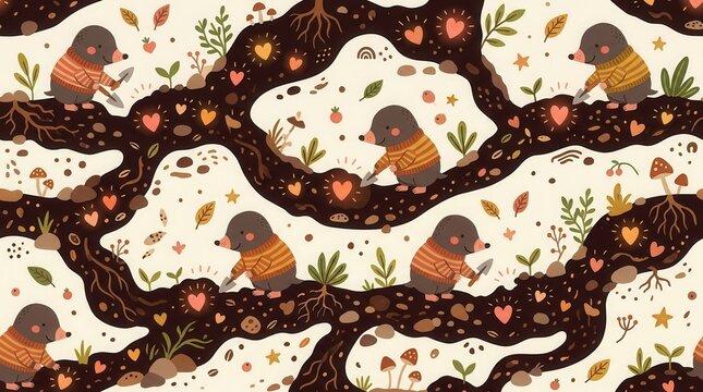 Many happy moles in sweaters dig and plant glowing heart seeds in dark soil tunnels