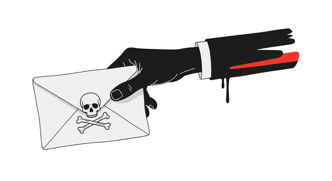 Mysterious hand in a black sleeve delivers a white envelope with a skull and crossbones symbol representing a dangerous message.