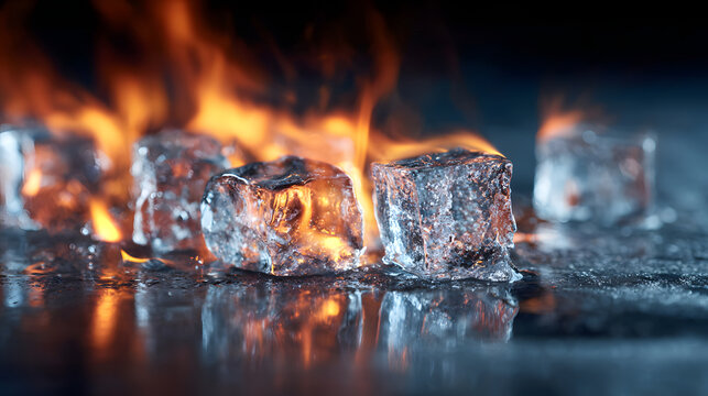 Ice cube fire with melting water reflection, flame contrast, close up macro, cold and hot juxtaposition, transparent crystal cube, dramatic