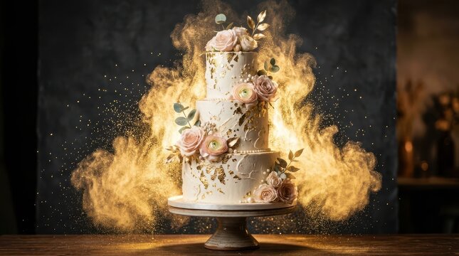 Elegant threetier wedding cake adorned with delicate roses and golden dust exploding in a festive celebration scene