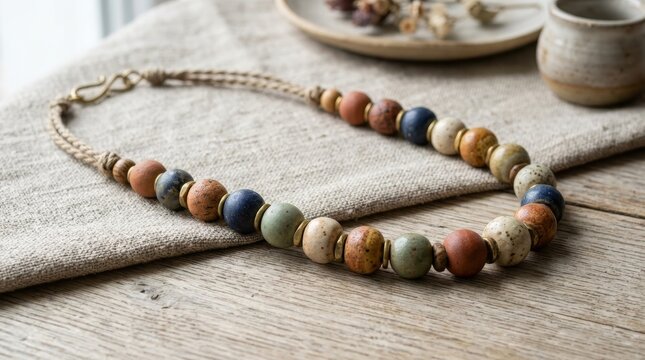 Handmade clay bead necklace with brass spacers and braided hemp cord. Artisanal bohemian jewelry resting on a linen cloth and wooden table