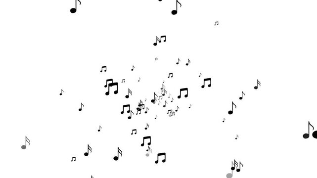 Abstract flying music notes on white background. Black musical instrument floating up stream animation. Concept of music party. Animated musical notes soft particle overlay- Sound symbol streaming.