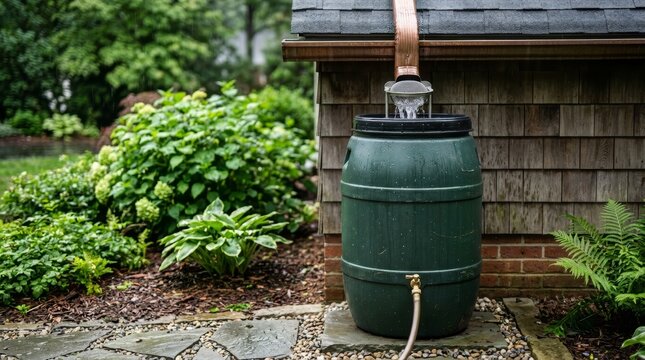 Green rain barrel collecting roof runoff from a copper downspout. Sustainable water harvesting system in a lush backyard garden. Eco friendly home irrigation