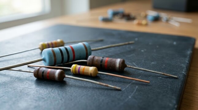 Close up of electronic resistors with color code bands on a dark surface. Passive electrical components for circuit board assembly and engineering