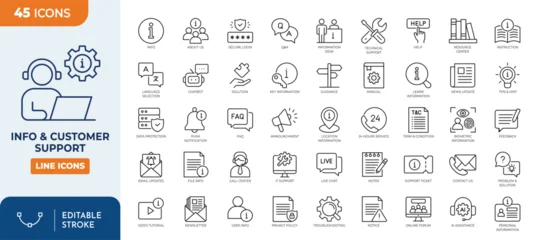 Fototapeten Restaurant Info and customer support line editable icon set. Containing information, help desks, call centers, support, assistance, technical support, faq and more. Editable stroke. Vector illustration  © Cetacons
