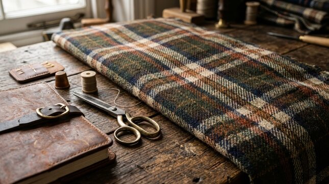 Folded plaid tweed fabric on a dark wooden table. Vintage brass scissors, thread spool, and leather journal. Traditional tailoring and craft concept