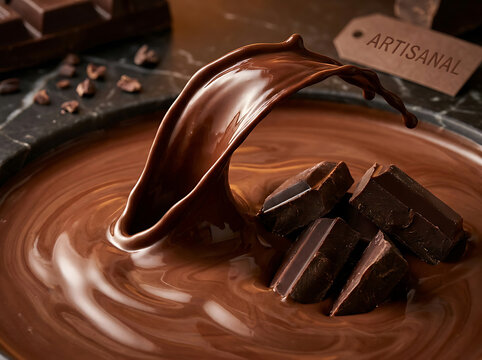 Liquid chocolate splash with chunks. Melted cocoa swirl and pieces. Premium artisanal food background.