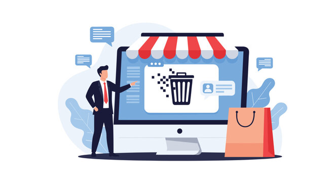 Businessman pointing at a trash bin icon on a computer monitor next to a shopping bag to represent digital cart abandonment.