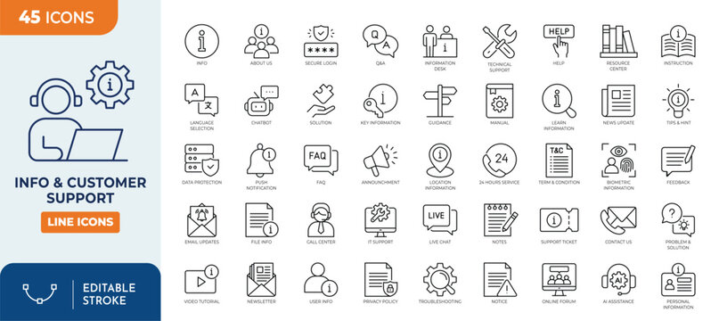 Info and customer support line editable icon set. Containing information, help desks, call centers, support, assistance, technical support, faq and more. Editable stroke. Vector illustration