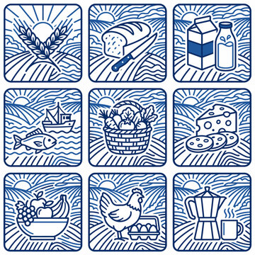 A collage of nine illustrations depicting various food and drink items in a 3x3 grid, including wheat, bread, milk, fish, fruits, cheese, bowl of fruits, chicken, and coffee.