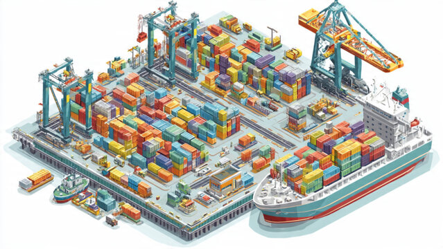 large busy container port with stacked colorful shipping containers and cargo ship docked with cranes and equipment