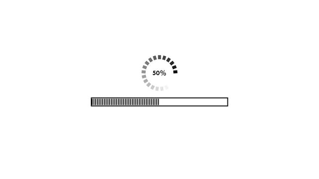 White loading bar and circular buffer icon on black background, system update concept , with video animation.