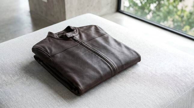 A neatly folded brown leather jacket sits on a white surface indoors.