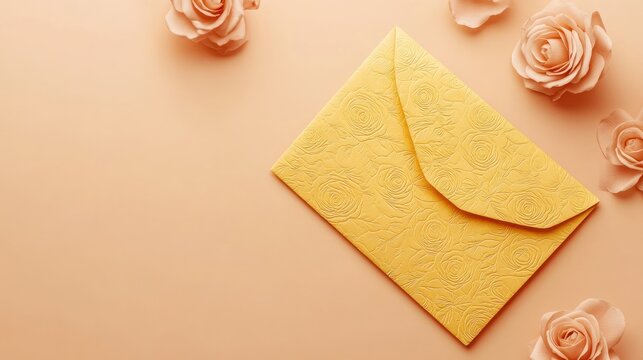 Yellow envelope with flowers on peach background