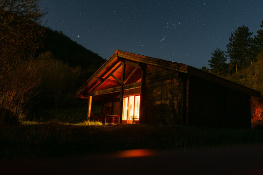 chalet at night with stars in the sky. 
