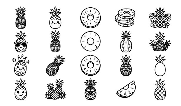 Minimalist Pineapple Line Art Icons Black Outline Vector Collection