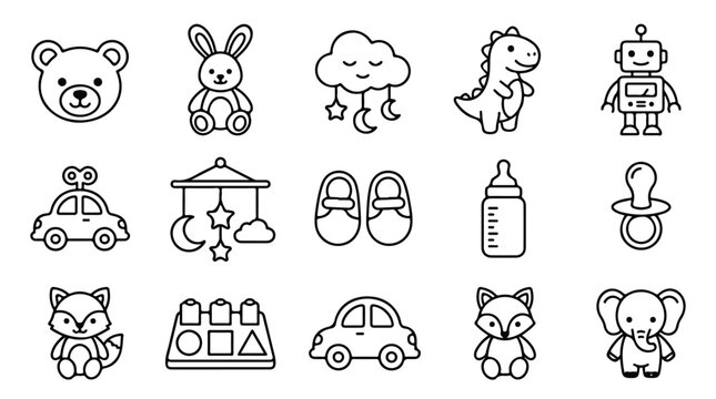 Minimalist baby icons set, 15 black line vector symbols for nursery and childhood, cute infant toys and newborn accessories collection
