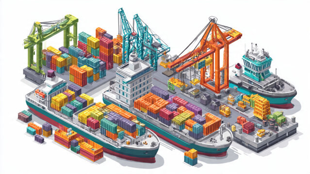 isometric illustration of busy port with cargo ships colorful containers cranes and docking area for transportation and logistics