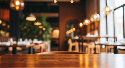 Fototapeta premium Empty wood table top background in modern restaurant for product display.