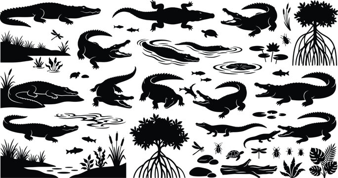 Black crocodile and alligator silhouette vector collection featuring swamp wildlife mangrove trees marsh plants and tropical wetland habitat icons
