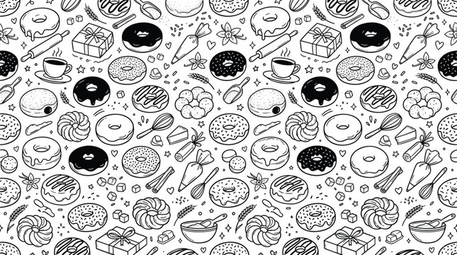 Donut seamless pattern vector background with hand drawn doodle bakery elements frosted doughnuts coffee cups and baking tools