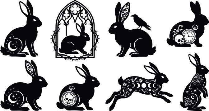 Gothic mystical black rabbit silhouette vector set with moon phase skull raven window and ornate floral pattern elements