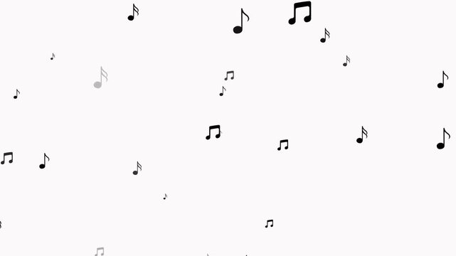 Abstract flying music notes on white background. Black musical instrument floating up stream animation. Concept of music party. Animated musical notes soft particle overlay- Sound symbol streaming.