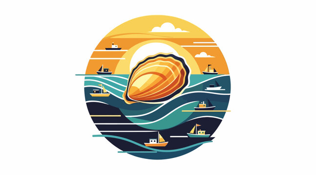 Vibrant seashell with ocean and sunset illustration.