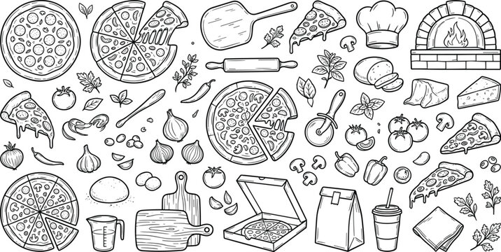 Pizza line art doodle set featuring whole pizzas slices box fresh ingredients chef hat oven and kitchen tools