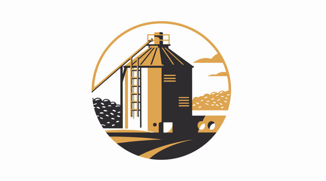 Illustration of a grain silo with golden wheat fields.