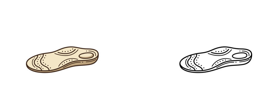 Cartoon shoe orthotic insole illustrations in flat color and black line styles used for foot support on a white background