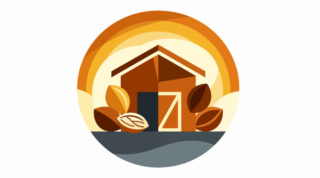 Rustic barn with autumn leaves and acorns illustration.