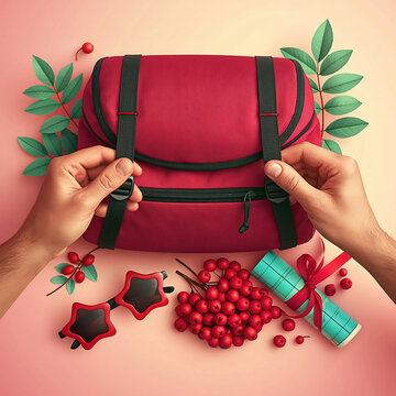 Red Backpack with Hands, Leaves and Travel Accessories Flat Lay