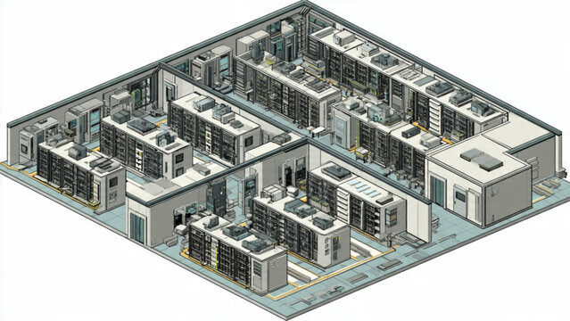 isometric view of modern data center with servers racks and networking equipment in a high tech environment