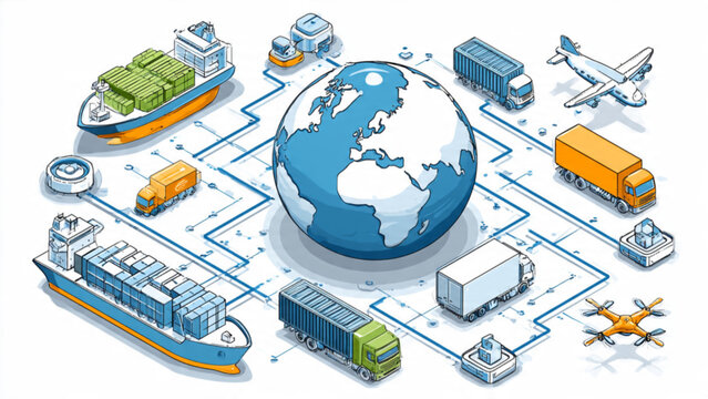 Global logistics and transportation network with ships planes trucks and trains around earth symbol in pastel colors