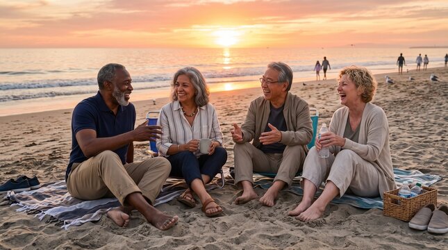 Joyful Retirement on the Shore: Four smiling, diverse senior friends enjoy a golden hour beach gathering, sharing drinks and laughter on a blanket as the sun sets over the ocean.