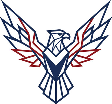 Geometric line art eagle illustration with USA flag colors isolated on white background.